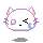 Pixelated white cat head with purple outline, pink inner ears, and blue tear on right cheek; left eye closed in a wink.