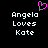 Pixelated text reads "Angela Loves Kate" with a pink heart symbol above the text on a black background.