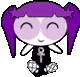 Two pixel-art character states side-by-side: left shows closed eyes, right shows large blue-ringed black pupils.