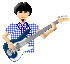 Pixelated avatar of a person in blue-and-white checkered shirt playing electric guitar, with black hair and neutral expression.