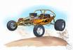 Static cartoon-style icon of a yellow and brown dune buggy with large black tires performing a jump over a dirt mound against a light blue sky background.