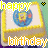 Pixelated birthday cake with blue circular design, yellow 'happy' text top, orange 'birthday' text bottom, and black-and-yellow heart above.
