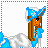 Animated contact sheet showing a pixel-art character with long brown hair and blue accessories in various poses alongside changing text elements on a white background with cloud-like shapes.