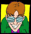 Animated cartoon contact sheet showing a character with brown hair and green jacket across nine frames, each displaying different sunglasses patterns against yellow background.