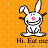 Pixelated white rabbit with pink nose and blue eyes stands against orange grid background, arms raised, mouth open in a smile, text below reads "Hi. Excuse me".