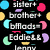 Black background with colorful polka dots and white text phrases including 'sister+', 'brother+', 'bffads=', 'Eddie', 'Mikey is our awesome cuz!!'