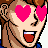 Pixelated character with brown hair and heart-shaped pink eyes, mouth open showing red tongue and white teeth, against black background with white text.