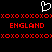 A static pixel art image with a white heart outline at the top, red 'XOXO' patterns above and below, and two instances of 'ENGLAND' in bold red text on black background.