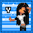 Pixel art of a girl with long black hair, white crop top, and checkered pants against blue striped background with stars.