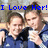 Two people in blue jackets pose together with arms around each other, holding a white object, with blue text above them.