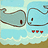 Pixelated image of two gray whales swimming in light blue water with brown sand, red hearts above waves, and text elements on a bright blue background.