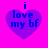Four identical purple heart-shaped icons with blue text "i love my bf" on a bright pink background, arranged in a