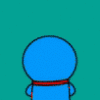 Blue cartoon character with red collar and white face, showing sequential facial expressions from neutral to surprised on a teal background.