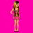 Pixelated female figure in pink skirt and brown top stands against bright pink background with brand names listed to the right.