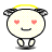 Pixelated character with heart-shaped eyes, yellow halo, and black ears on gray background.