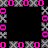 A static pixel art frame with alternating pink 'O' and gray 'X' symbols forming a border around a black center.