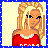 A 3x2 contact sheet of pixel art frames showing a blonde cartoon character in various poses with text overlays, including a red top, jeans, and a red triangle prop.