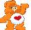 Pixelated orange cartoon character with brown accents, wearing white shirt featuring red heart symbol, standing against light checkered background.