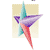Pixelated star-shaped icon with five points in purple, teal, and red hues on a light beige background.