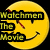 Yellow smiley face icon with black eyes and mouth, red diagonal line across face, and partial text overlay reading "Watchmen The Movie" on left side.
