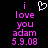 Pixelated text reads 'i love you adam 5.9.08' in pink on black background with a white heart symbol above 'i'.