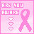 A 3x3 contact sheet of pixel art frames showing a pink breast cancer awareness ribbon animation with changing heart icons and text "ARE YOU AWARE" on a light pink background.