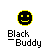 Pixelated black circular icon with yellow border and smiley face above pixelated text reading "Black - Buddy" on gray background.