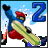 Pixelated character in red cap and blue outfit holding a yellow-green object against light blue sky background with large blue number 2.