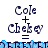 Pixelated text 'Cole + Chekey' with blue wave-like border, displayed in two with a horizontal blue wave pattern below