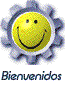 Yellow smiley face inside purple gear with 'Bienvenidos' text below on white background.