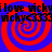 Red and blue spiral background with repeated black text reading "i love vichy" and "vichy<333" in a pixelated font.