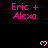 Pixelated text 'Eric + Alexa' in bright pink appears multiple times on a black background with cyan heart symbols scattered around.