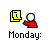Pixelated icon with yellow document, red figure, and text labels showing day-of-week variations across frames.