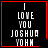 Four identical black square with red borders display white pixelated text reading "I LOVE YOU JOSHUA YOHM"; the top-right includes a small red heart symbol and bottom-right has a red starburst