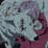 Pixelated static image of a light-colored animal with dark eyes and nose, set against a gradient background of gray and maroon tones.