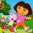 Dora the Explorer character in pink shirt and orange shorts stands on grass with a white monkey, while an orange fox-like creature wears blue goggles.