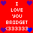 Red background with white text and purple/blue hearts arranged in a pattern, displaying 'I LOVE YOU BRIDGET (333333)' repeated twice