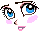 Pixel art of a character's face with blue eyes, pink cheeks, and a small mouth, arranged in a of expressions and eye states