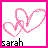 Pixelated pink heart outline with overlapping loops and a solid black lowercase 'sarah' text below on white background.