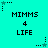 Cyan background with repeated text and star icons; text reads 'MIMMS 4 LIFE' in black pixelated font, stars alternate between teal and black with dotted trails.