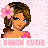 Pixel art contact sheet showing two frames of an animated AIM buddy icon featuring a cartoon woman with brown hair, blue eyes, and pink flower accessory against a pink dotted background.