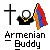 Pixelated icon shows a black cross, robed figure with glowing orb, and Armenian flag on gray background with 'Armenian Buddy' text.