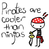 A static contact sheet of two animated frames showing a stick-figure pirate character with text "Pirates are cooler than ninjas" on both sides, each frame depicting the same character in slightly different poses holding a sword.