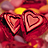 Two overlapping heart shapes with layered outlines in red and pink hues against a blurred background of warm colors including yellow and orange.