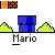 Pixel art animation of Mario in a Super Mario Bros. style scene with blue pipes, green hills, and orange brick blocks on gray background.