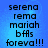 Blue background with pixelated text reading 'serena rema mariah bfAs foreva!!!' in four identical arranged in a