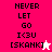 Pixelated text 'NEVER LET GO I<3U [SKANK]' on pink and white backgrounds with a star-shaped cursor, transitioning from bright to pastel pink.