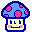 Pixelated mushroom-shaped avatar with blue cap, pink spots, and smiling face; two variations show different cheek colors.