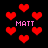 Red pixelated hearts float on a black background with pink text reading "MATT" in four locations.