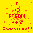 Yellow background with red pixelated text reading "I <3 FRED!!! He's Awesome!!!" arranged in a pattern with scattered red dots